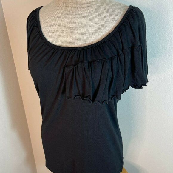 Michael Kors Ruffled Knit Wide Neck Top Black M Medium - Picture 3 of 6